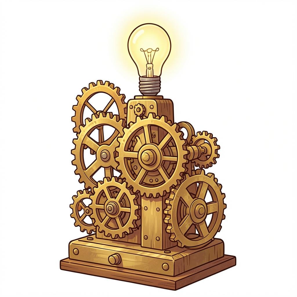 A whimsical and colorful machine with gears and a glowing light bulb.