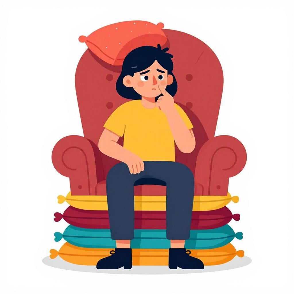 Eine Person, die auf einem hohen Thron aus Kissen sitzt und mit einer abweisenden Handgeste wegschaut.