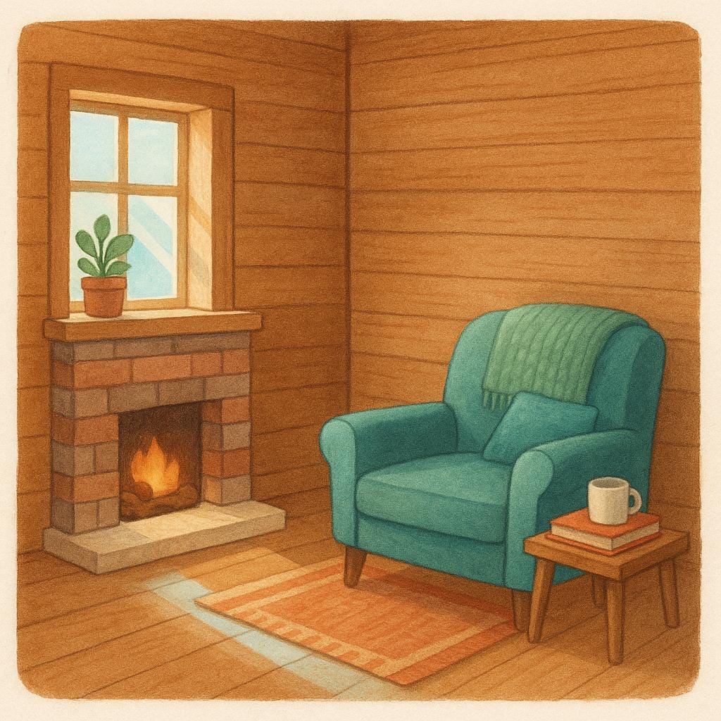 A simple, brightly lit living room interior with a small wooden table, a comfortable armchair, and a potted plant near a window.