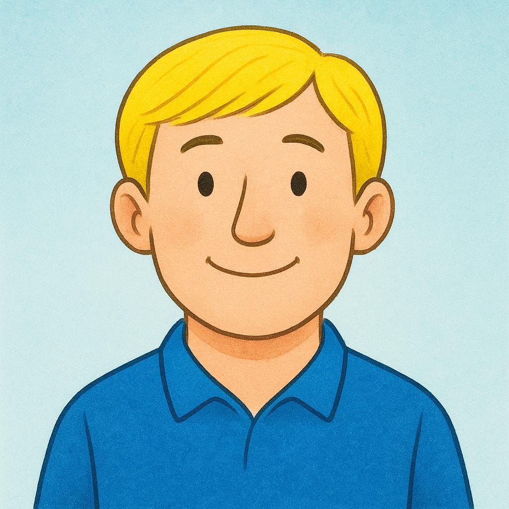 A simple storybook illustration of a friendly man with short, bright yellow blond hair.