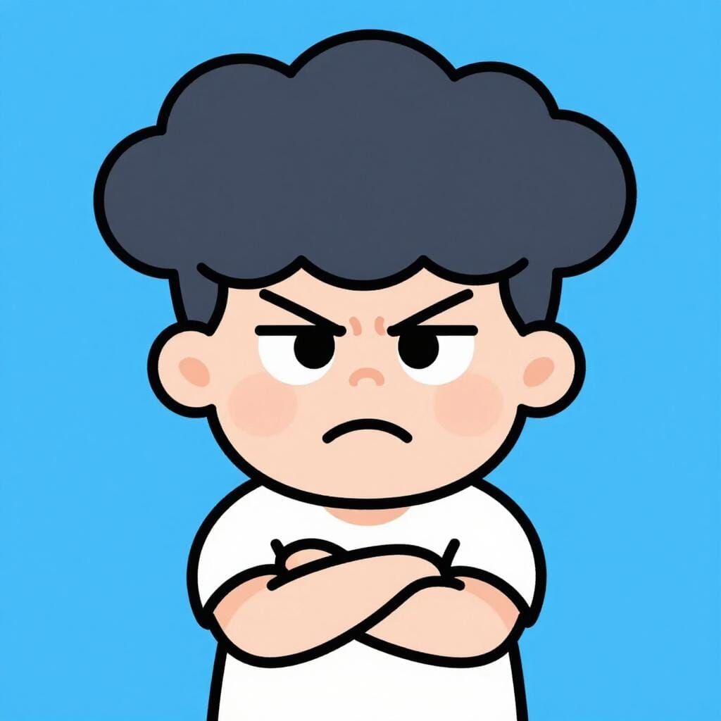 Eine mürrisch aussehende Person mit gerunzelter Stirn und verschränkten Armen, die verärgert aussieht.