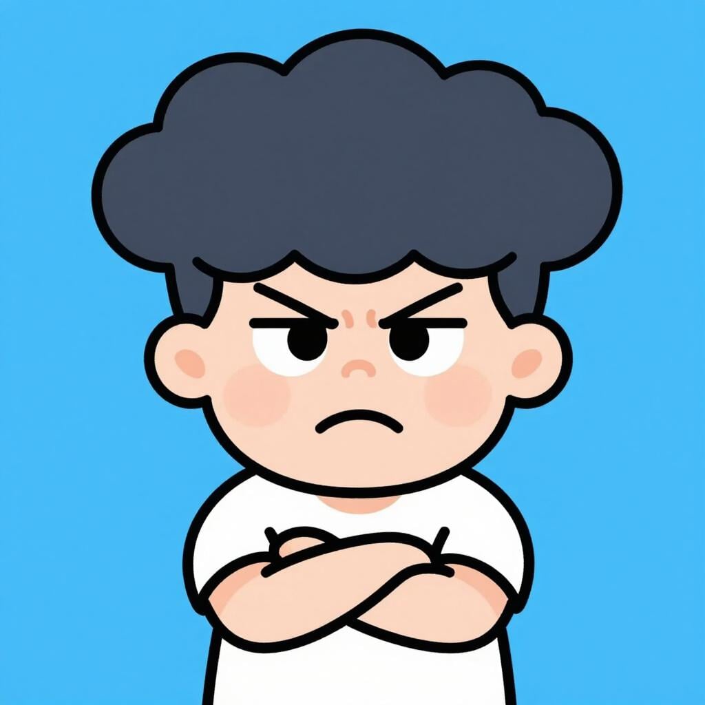 Une personne à l'air grincheux, avec un froncement de sourcils et les bras croisés, l'air agacé.