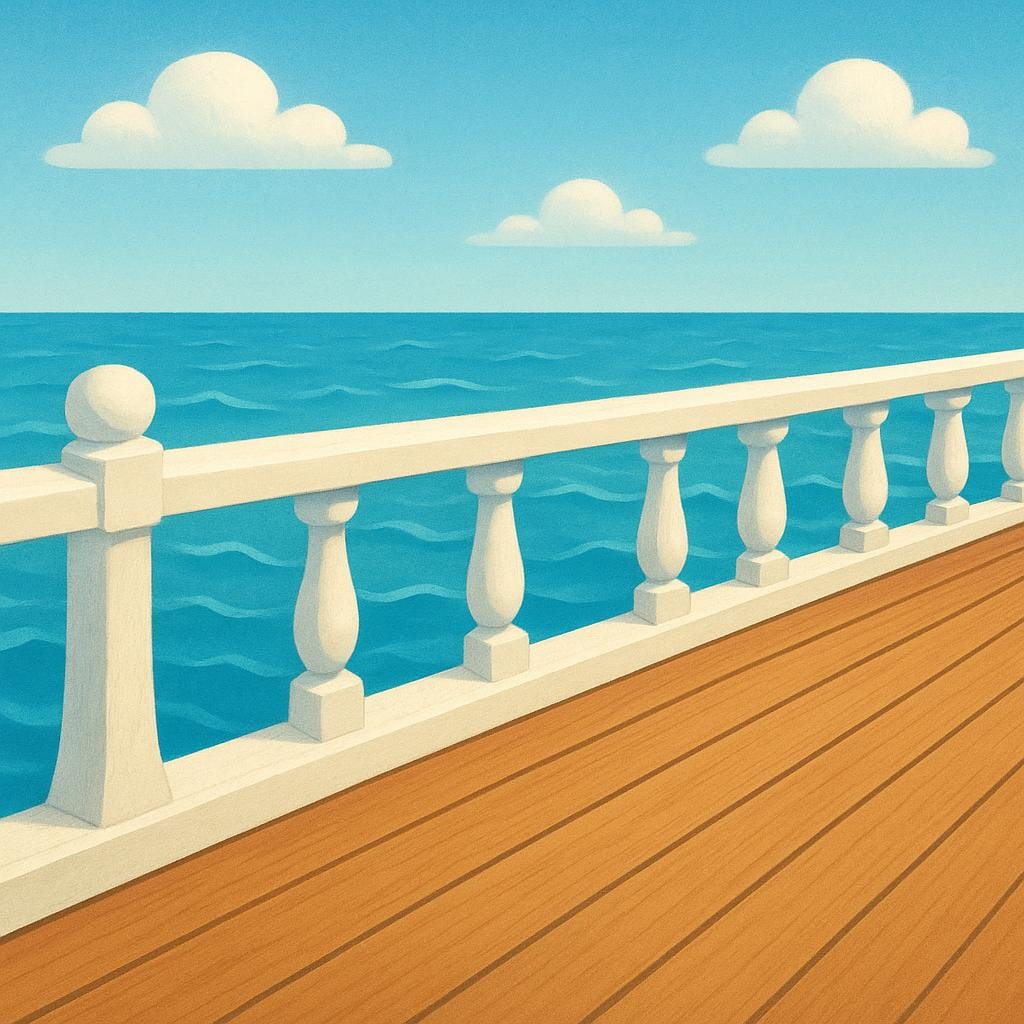 A high quality simple colorful storybook illustration showing the smooth wooden deck and white railing of a ship against a bright blue ocean background.
