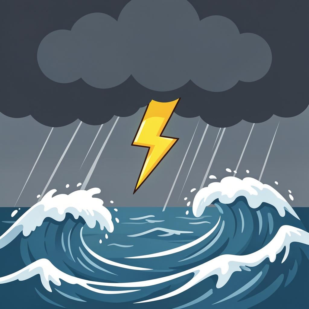 A powerful storm with dark clouds and a bolt of lightning striking a turbulent sea.