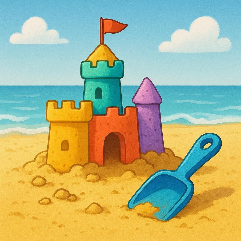 A colorful, half-finished sandcastle on a sunny beach, with a small toy shovel resting beside it, signifying a task that is in progress.