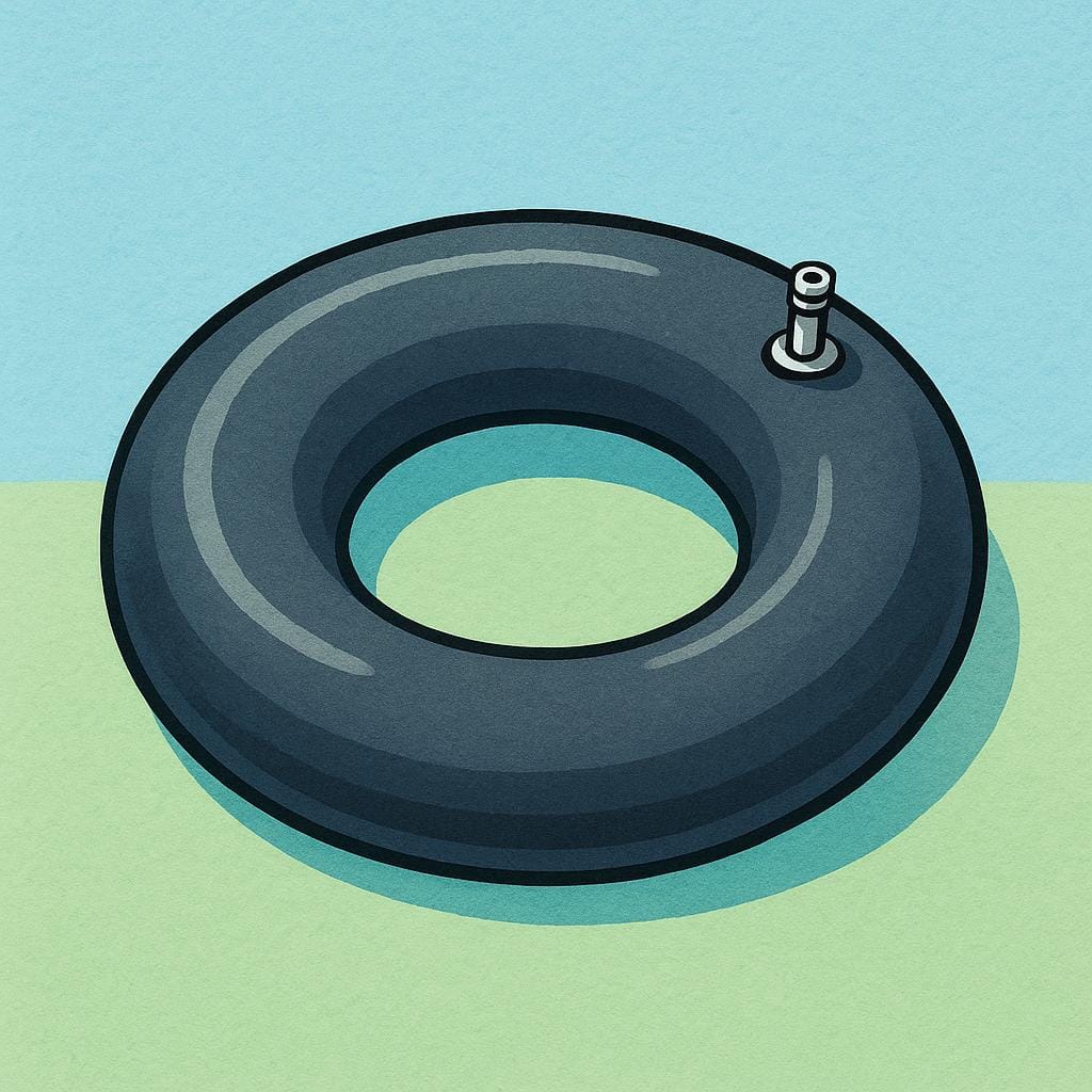 Ein schwarzer, aufgeblasener Gummischlauch, donut-förmig, der in einem Fahrradreifen verwendet wird und auf einer Oberfläche liegt.