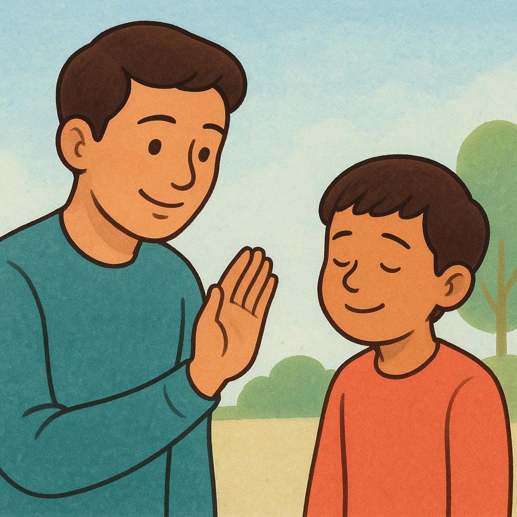 A storybook illustration showing a kind adult smiling gently and raising a hand in a forgiving gesture towards a smaller figure who looks relieved.