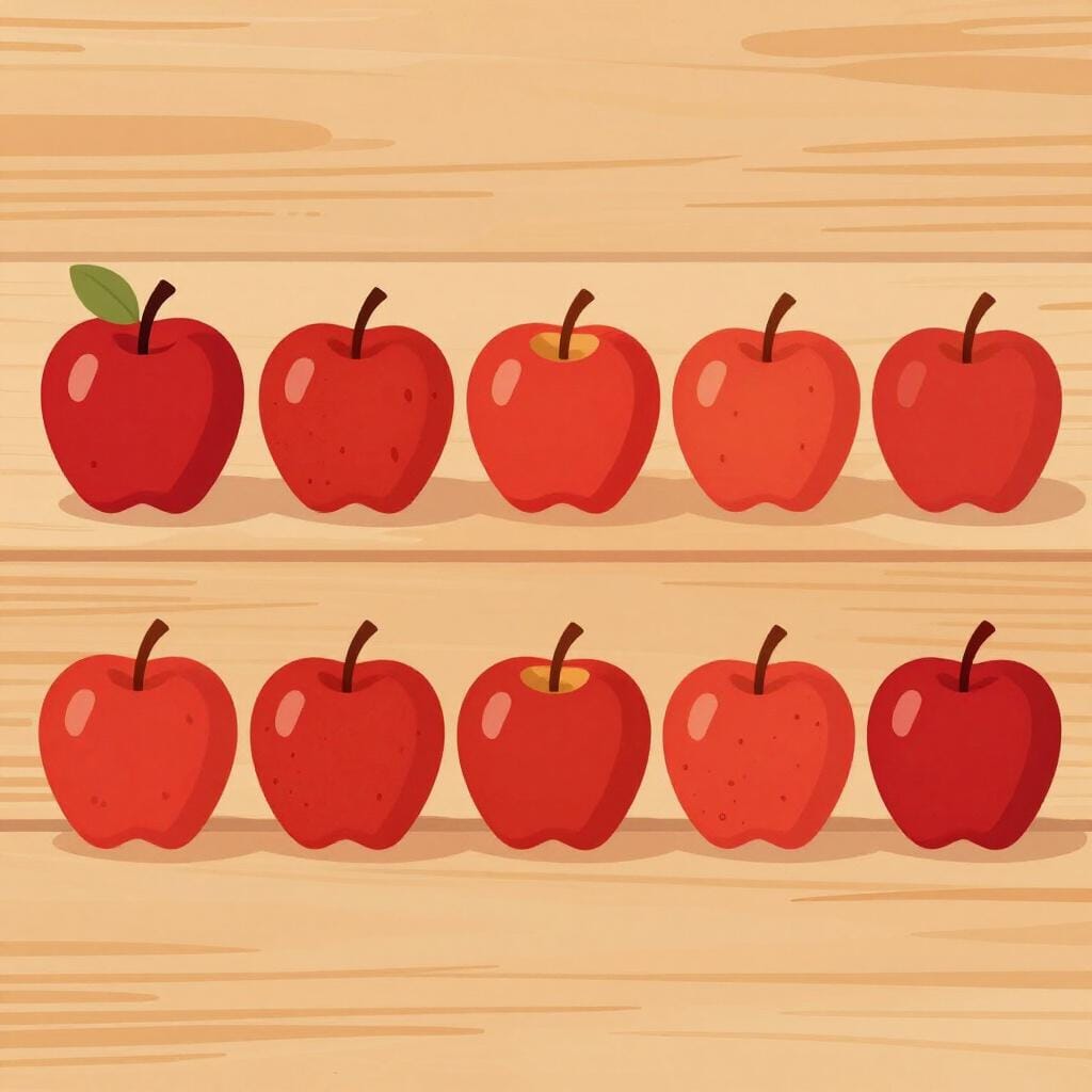 A row of bright red apples lined up one after another on a wooden table.