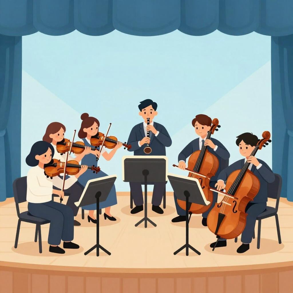 Een kleurrijke illustratie van een grote muziekgroep met diverse instrumenten zoals violen, cello's en fluiten die samen worden bespeeld.