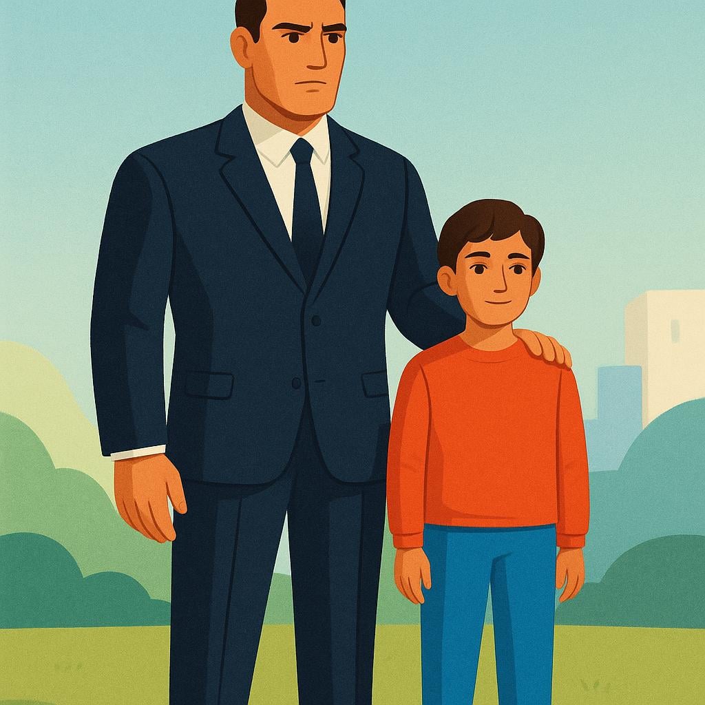 A tall, muscular figure wearing a dark suit stands close to a smaller person in everyday clothes, looking alert and protective. This illustrates a bodyguard.