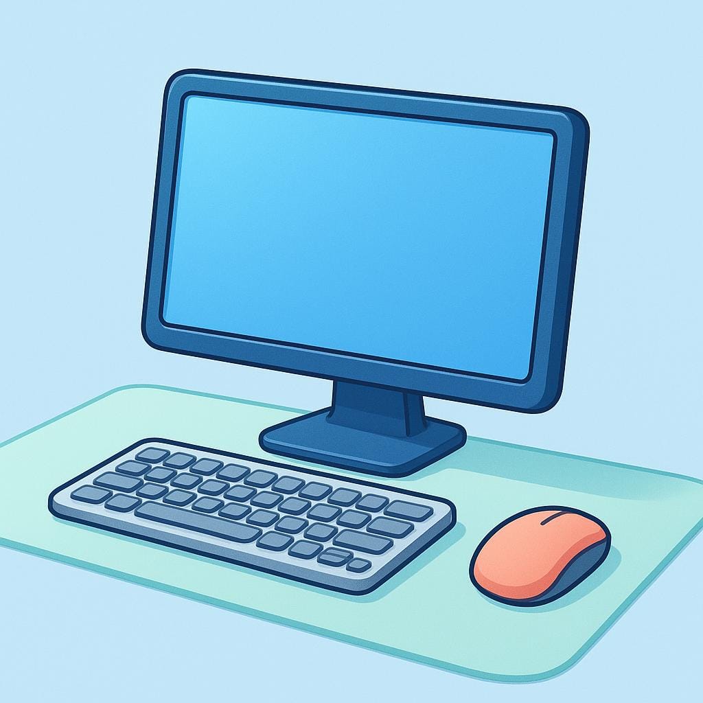 A colorful illustration of a desktop computer setup, featuring a flat monitor, keyboard, and mouse placed on a clean, simple desk.