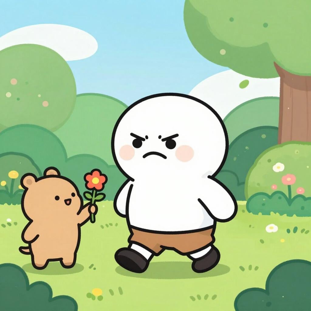 A character walking through a sunny garden while scowling and ignoring a beautiful flower being offered to them.