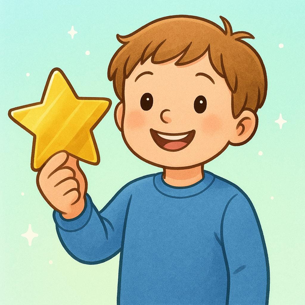 A smiling student proudly holding a large, shiny golden star sticker, symbolizing a successful result or good grade.