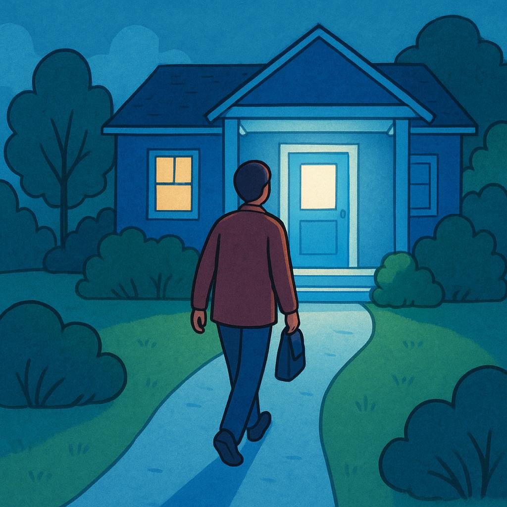 A solitary person is walking along a winding path, clearly heading toward a brightly lit, welcoming home in the distance, illustrating the action of returning.
