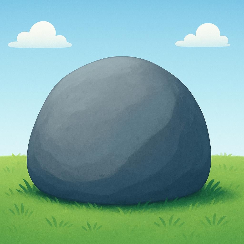 A large, gray, rugged boulder sitting firmly on the ground, illustrating physical hardness.