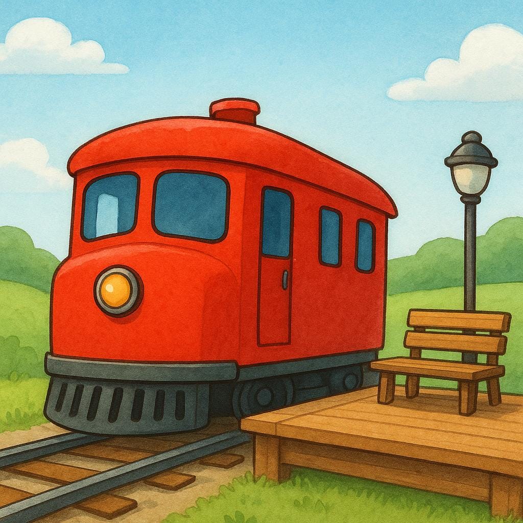 A bright red train car has just arrived and is stationary next to a small, wooden station platform.