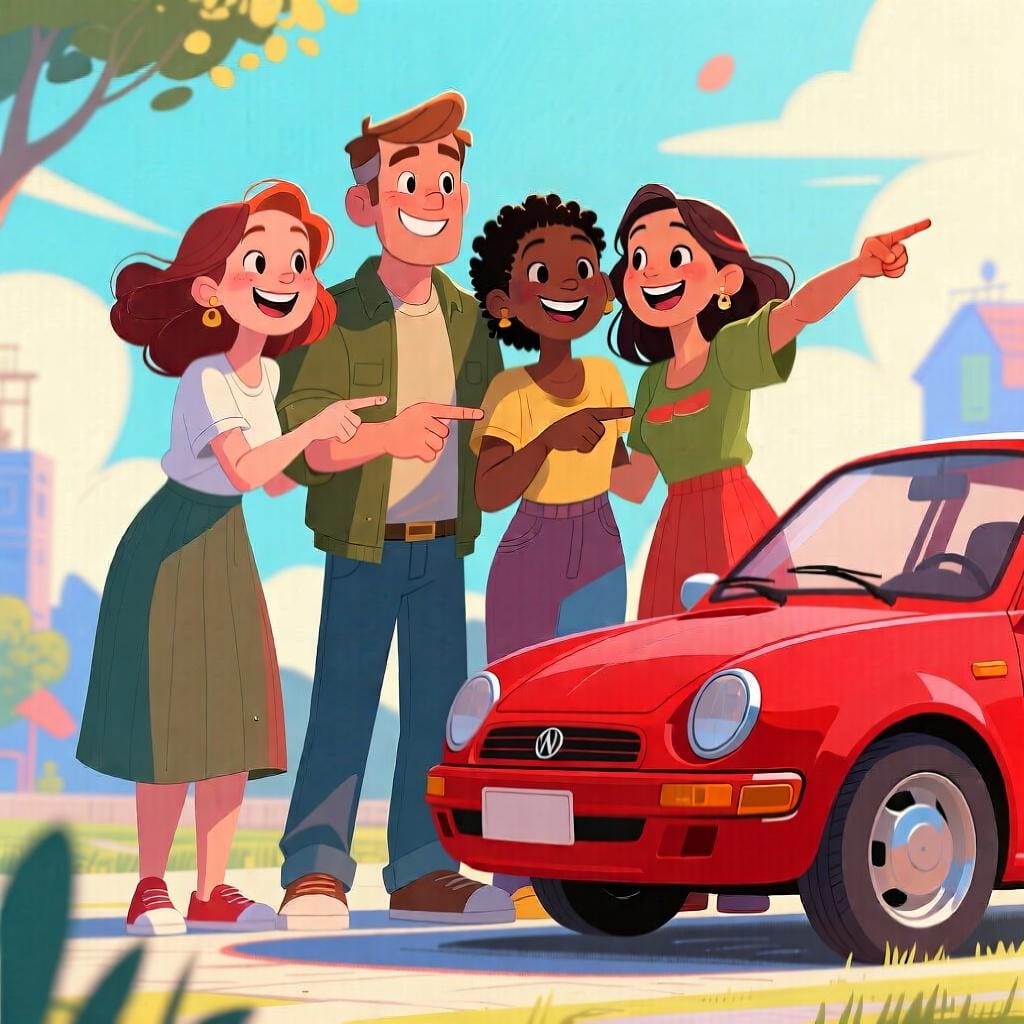 A diverse group of three friends standing together, all smiling and pointing proudly at a single red car that belongs to them.
