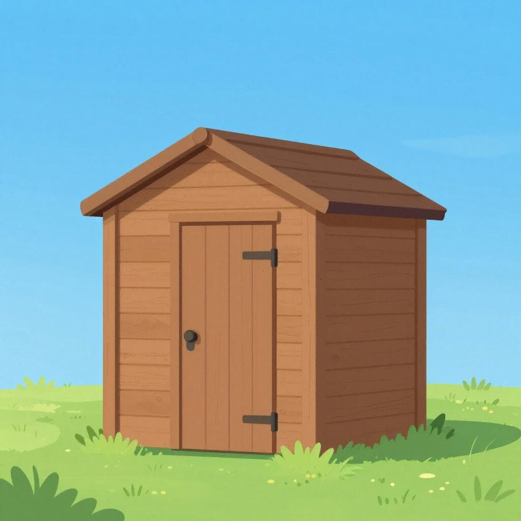Een kleine houten opslagloods met een enkele deur en een schuin dak, staand op groen gras.