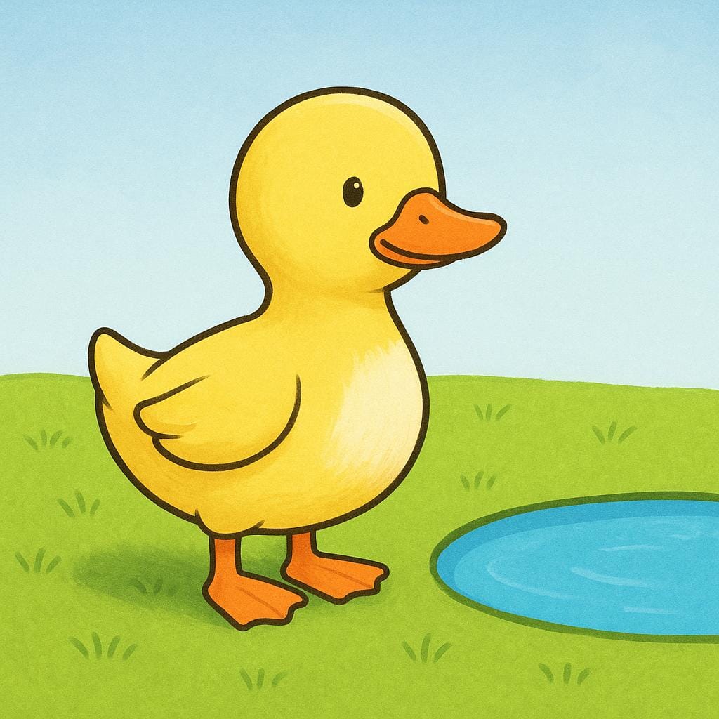 Een eenvoudige illustratie van een gele en witte eend die bij een kleine blauwe vijver op groen gras staat.