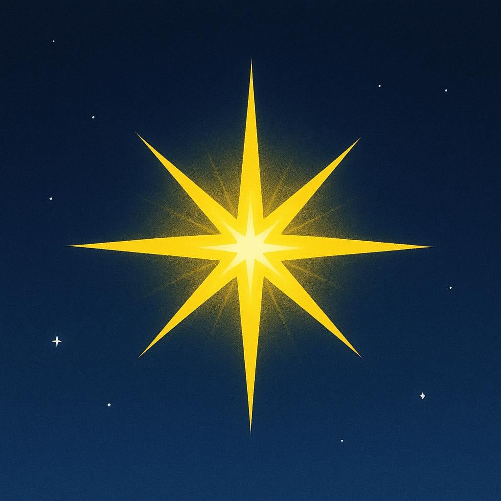 A brilliant yellow star radiating strong, distinct beams of light against a simple dark blue background.