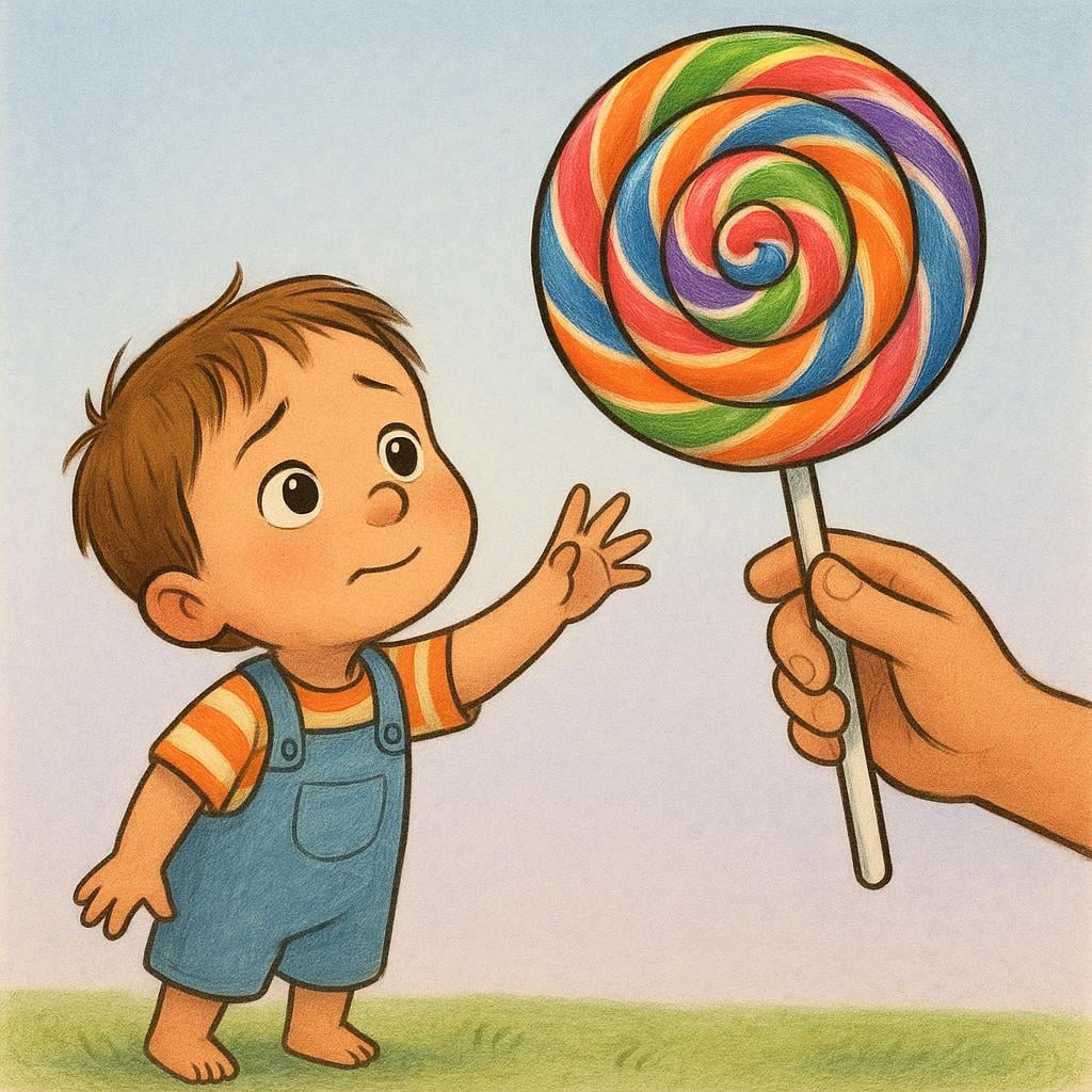 A small child with wide eyes and a hopeful expression looking at a large, colorful lollipop held slightly out of reach.