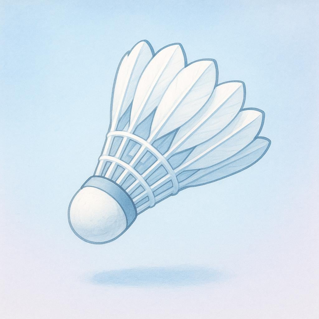 A white shuttlecock with a cork base and a crown of white feathers, depicted mid-flight.
