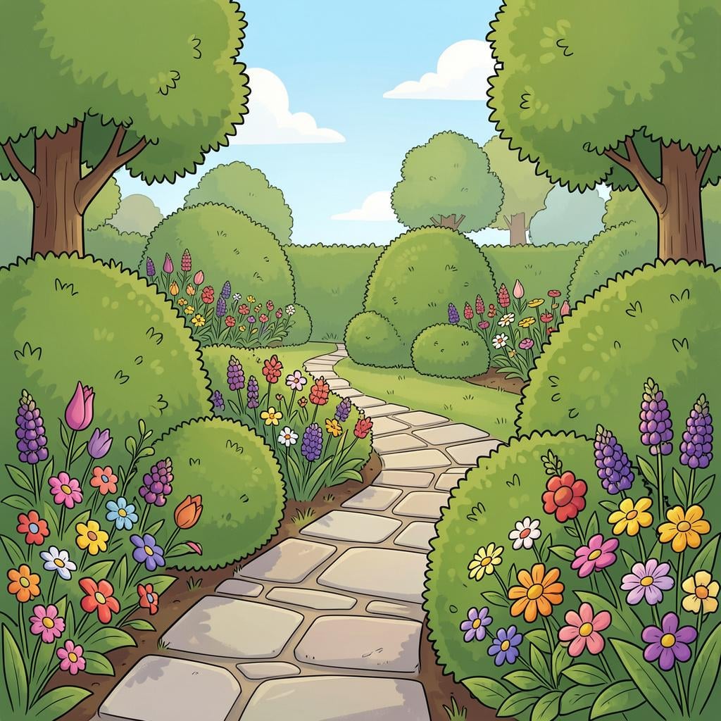 A perfectly manicured garden with neatly trimmed hedges and blooming flowers.