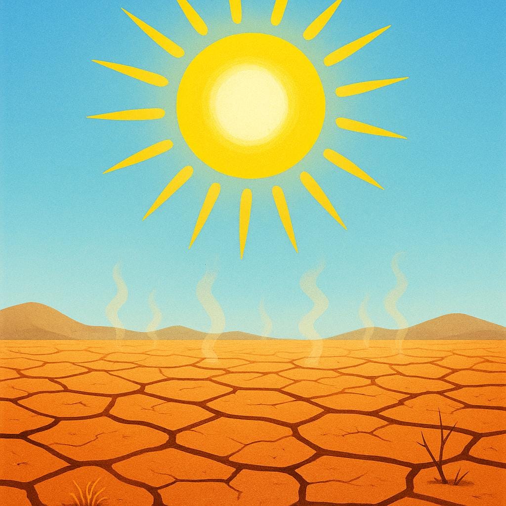 A parched, brown landscape baking under an intense, bright yellow sun, with visible shimmering heat lines rising from the ground.