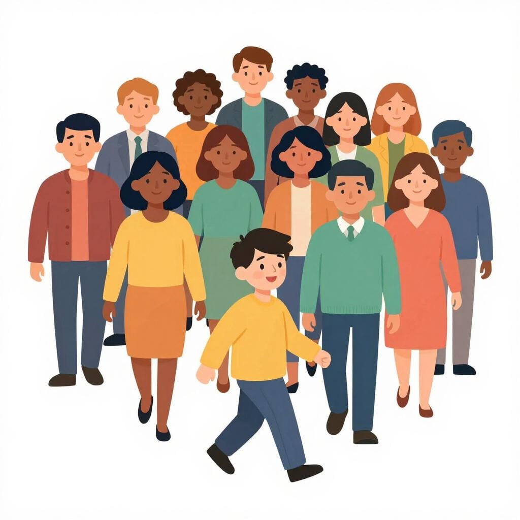 Een menigte blije mensen die een charismatische leider volgen die vooruit loopt.