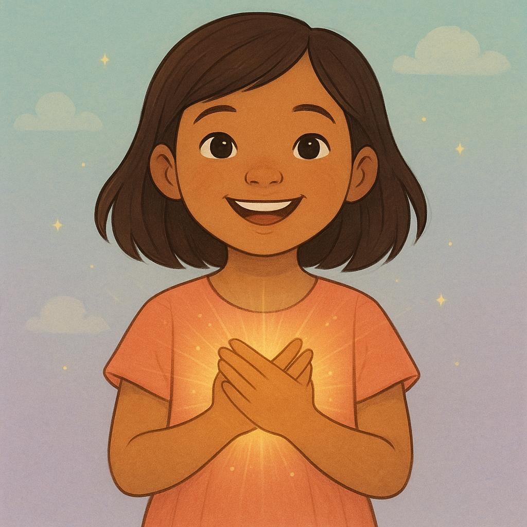 A high quality storybook illustration of a young girl smiling brightly and placing her hands gently over her chest, radiating soft golden light, symbolizing sincere gratitude.
