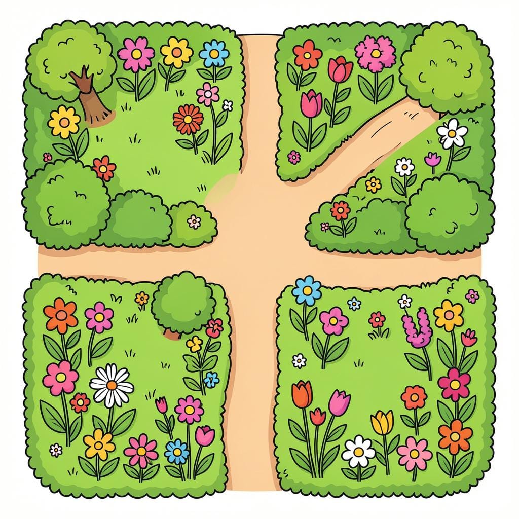 Uma ilustração clara e colorida do dedo de uma pessoa traçando os contornos nítidos e coloridos de canteiros de flores em um plano de jardim.