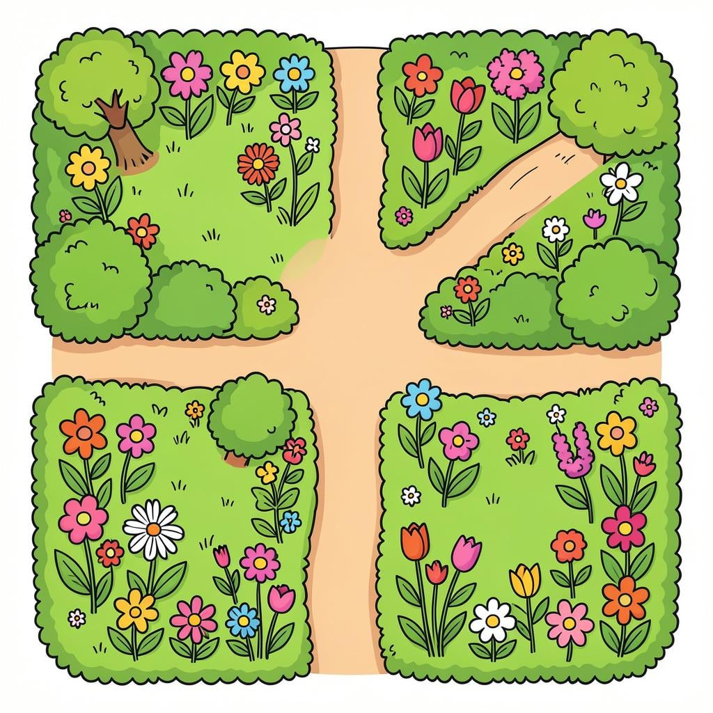 A clear, colorful illustration of a person's finger tracing the sharp, colorful outlines of flower beds in a garden plan.