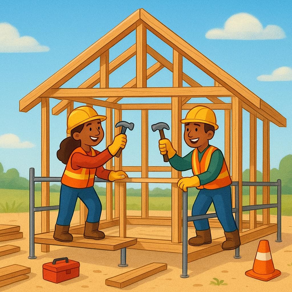 A colorful illustration showing a construction site where a wooden frame of a house is being erected, with workers wearing hard hats.