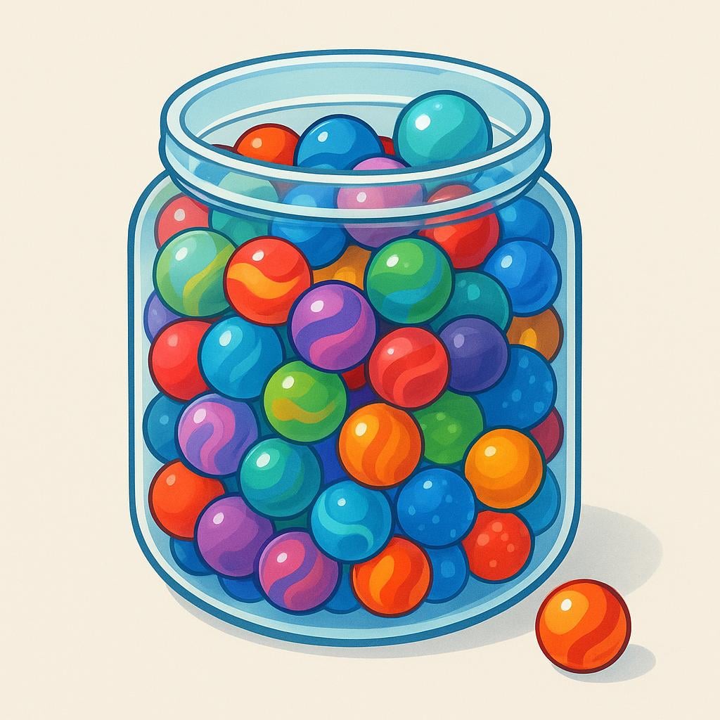 A large, transparent glass jar completely filled to the very top with brightly colored marbles, illustrating a maximum limit.