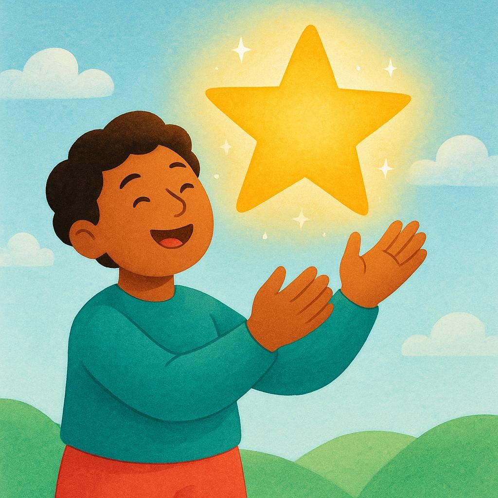 A joyful figure with outstretched hands receiving a glowing golden star, symbolizing a well-deserved reward.