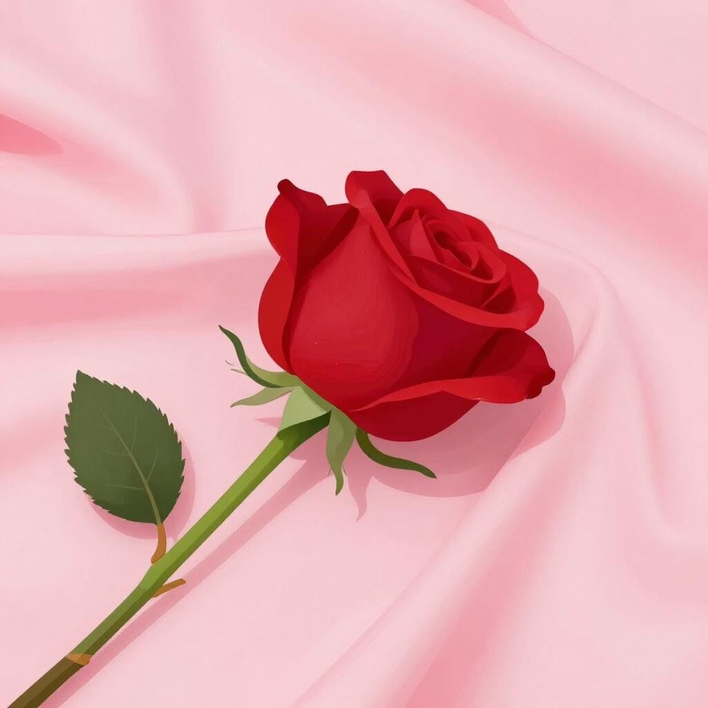A single, vibrant red rose lying on a piece of smooth, flowing pink silk fabric.