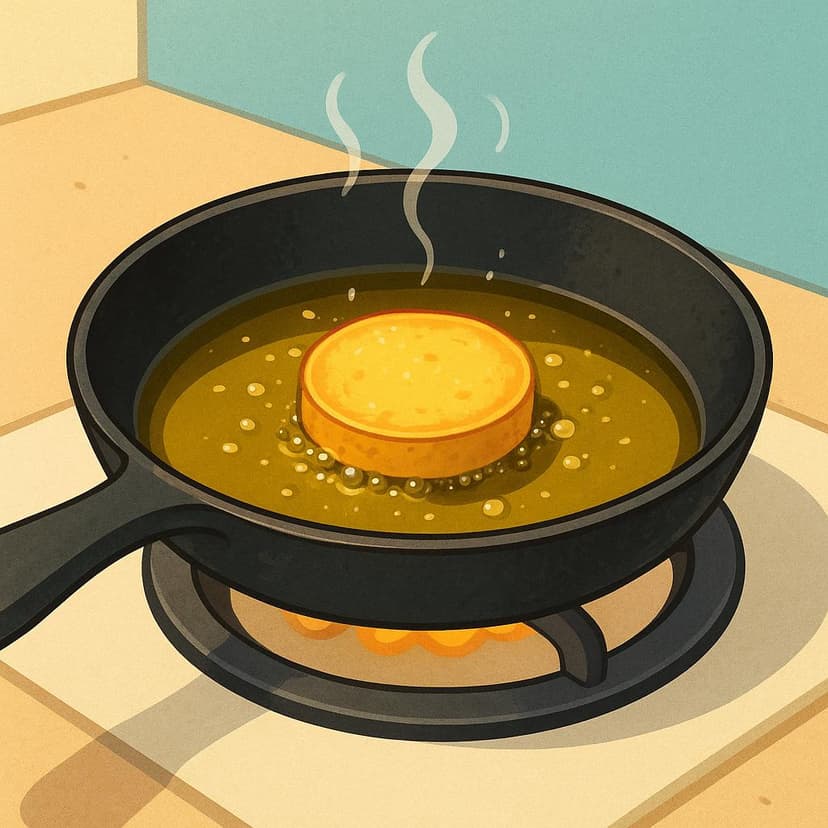 A close-up view of a black frying pan on a stove, where a slice of potato is sizzling in hot, bubbling oil.