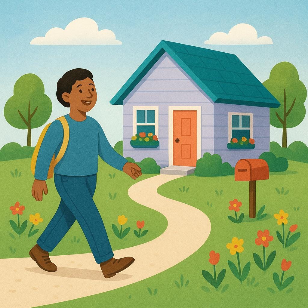 A child with a small backpack is smiling happily as they arrive back at a brightly colored, cozy house, stepping onto the front porch.