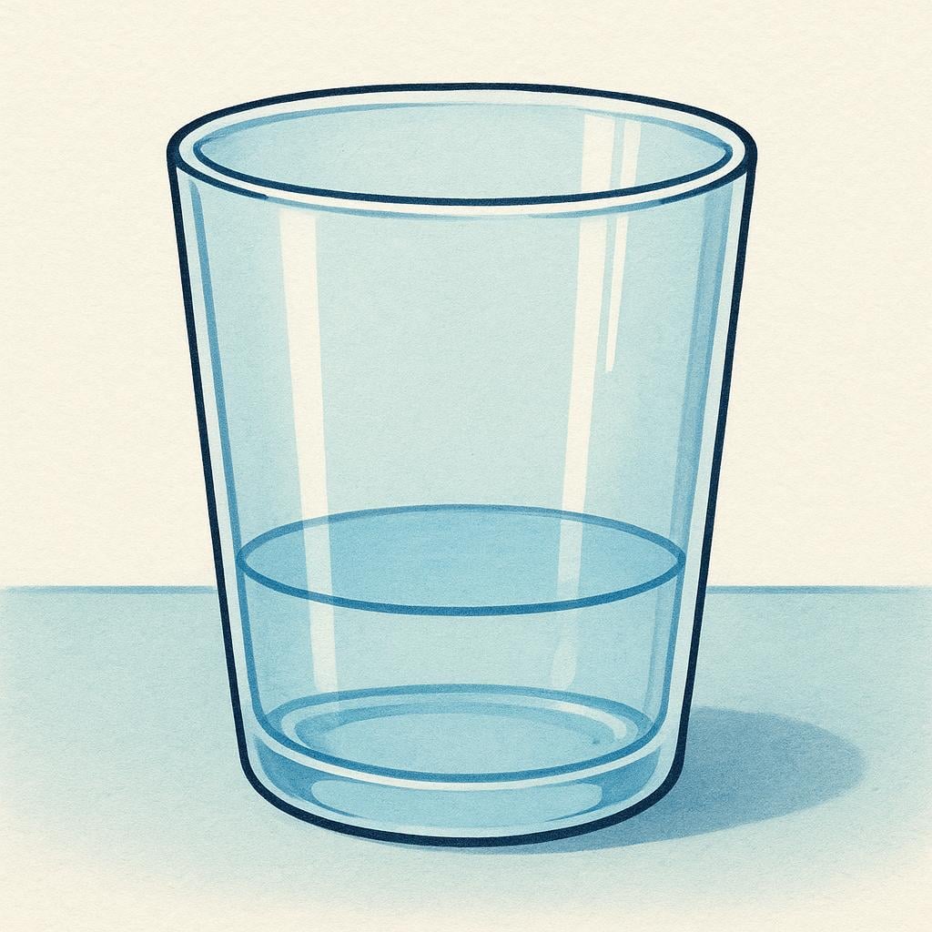 A clear glass standing on a flat surface, containing only a very shallow, thin layer of blue liquid at the bottom, representing a small quantity.