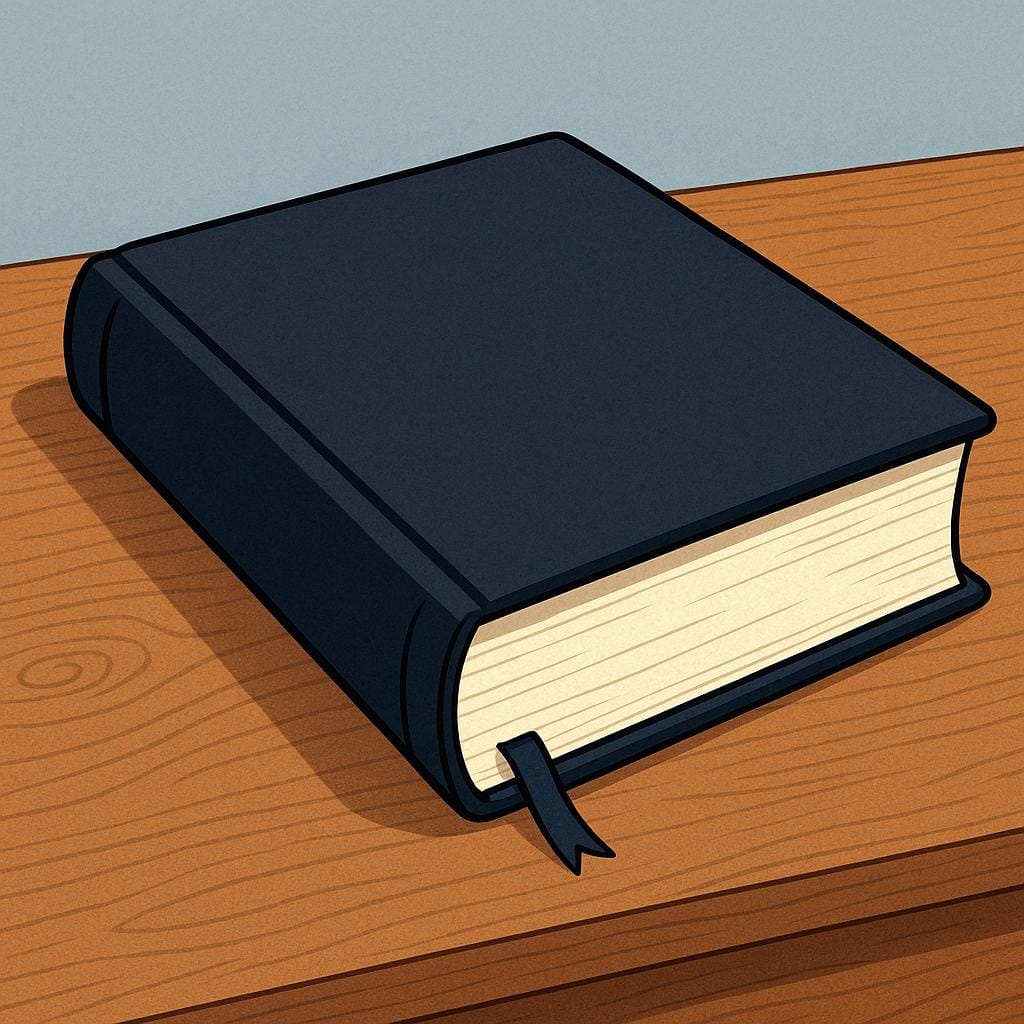 A high quality storybook illustration of a thick, closed, hardbound book resting on a table, representing an academic thesis.