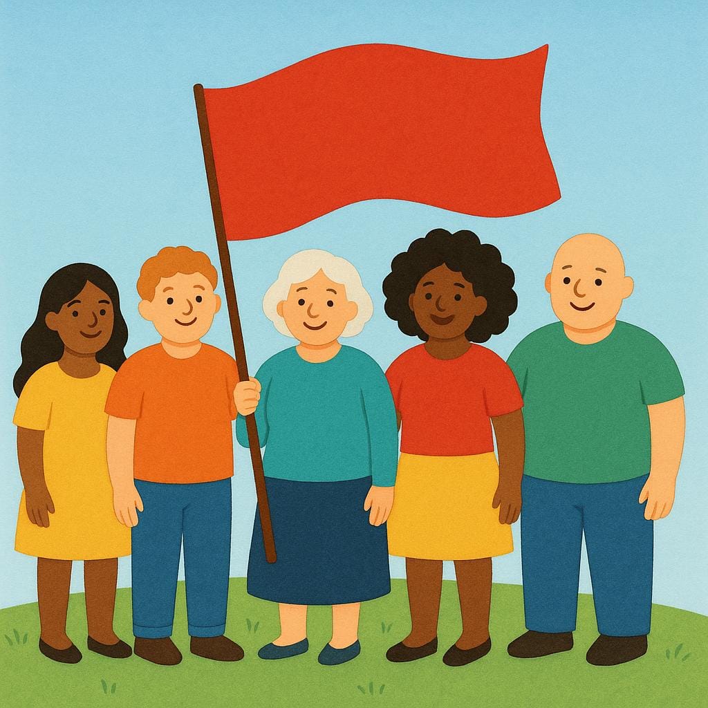 A group of people standing together in front of a large red flag.