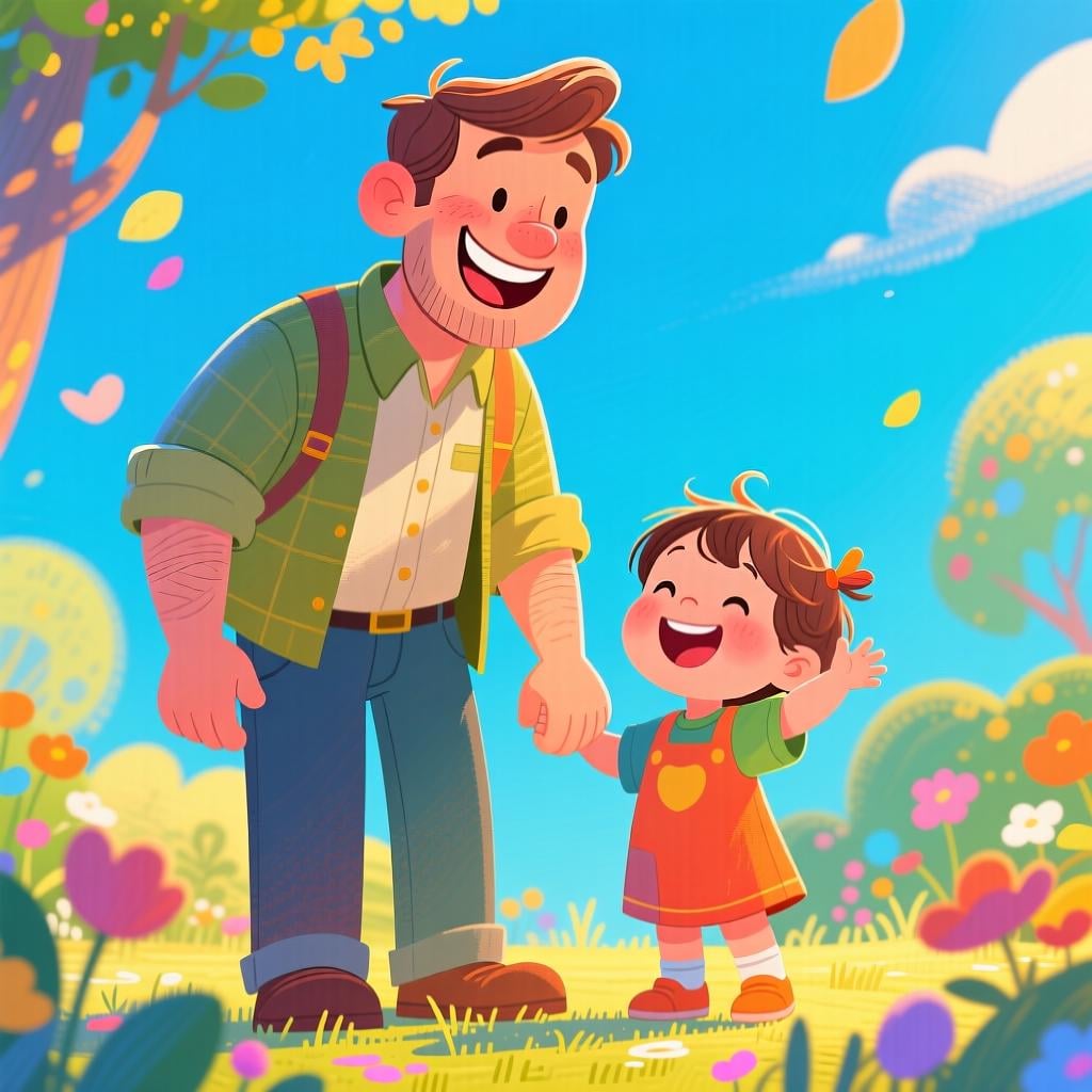 A friendly, smiling man depicted as an uncle standing next to a young child.