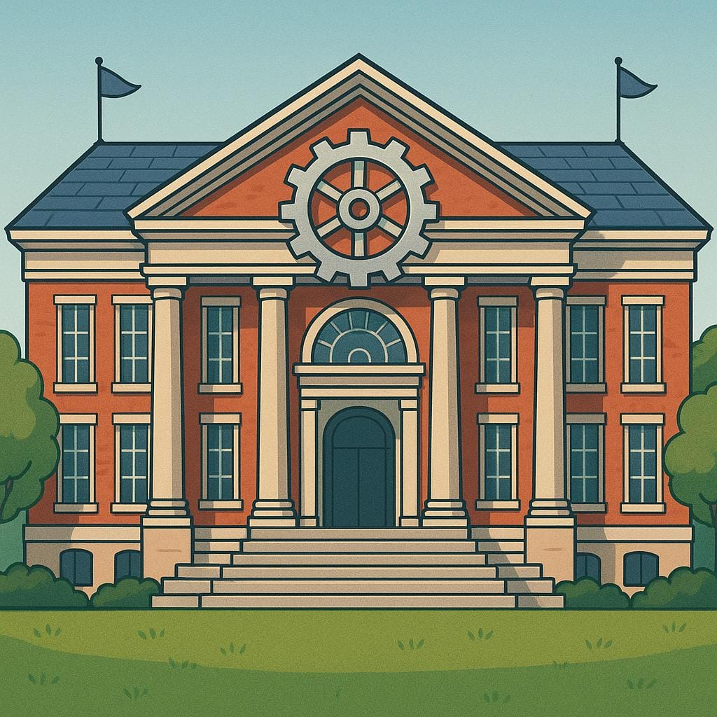 Ein großes, imposantes Schulgebäude mit architektonischen Elementen, die Wissenschaft und Technik andeuten, wie ein markantes Zahnrad an der Fassade.