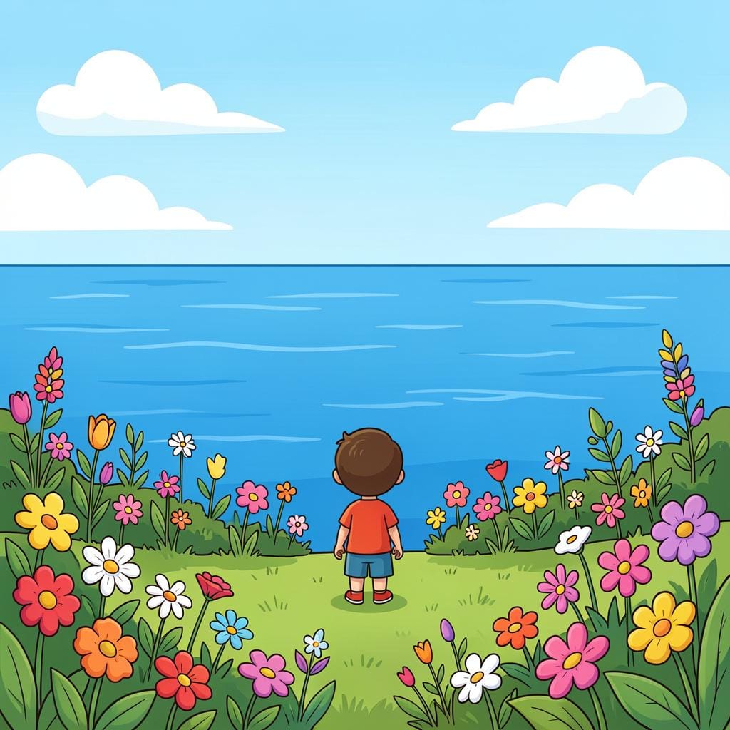 Un bambino piccolo in piedi al limitare di un giardino che guarda verso un vasto oceano, a rappresentare un limite.