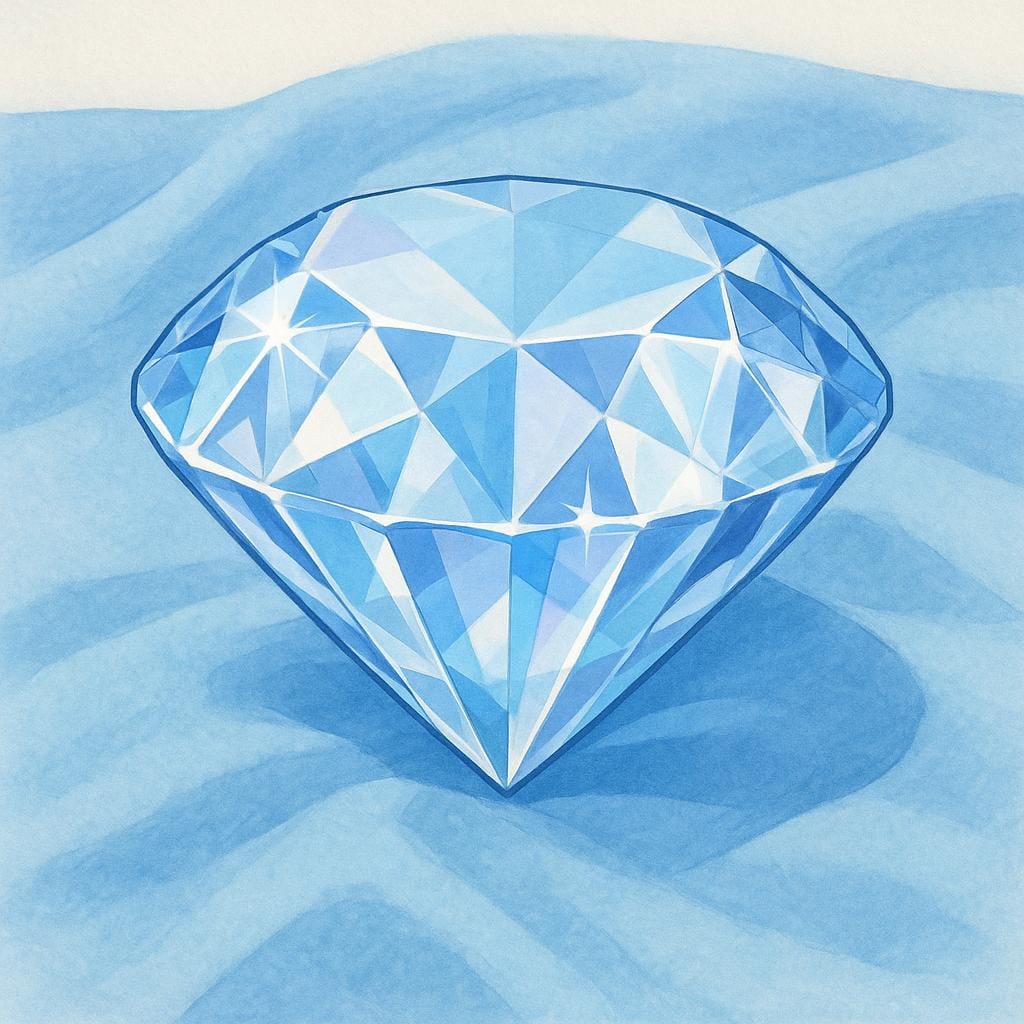 A large, perfectly cut, sparkling clear crystal or gemstone resting on a soft, simple blue cloth, emphasizing its genuine and authentic quality.