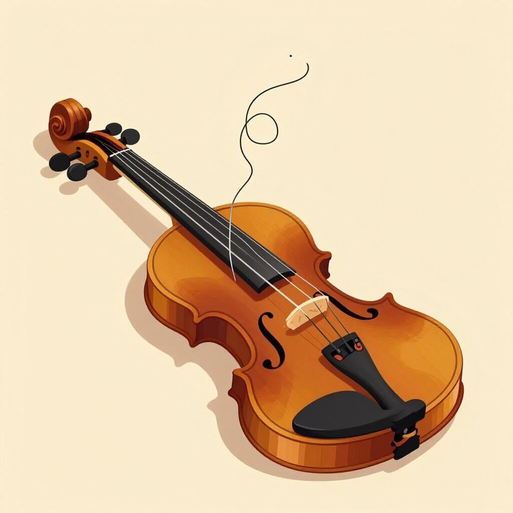 A broken violin with snapped strings sitting on a wooden floor.