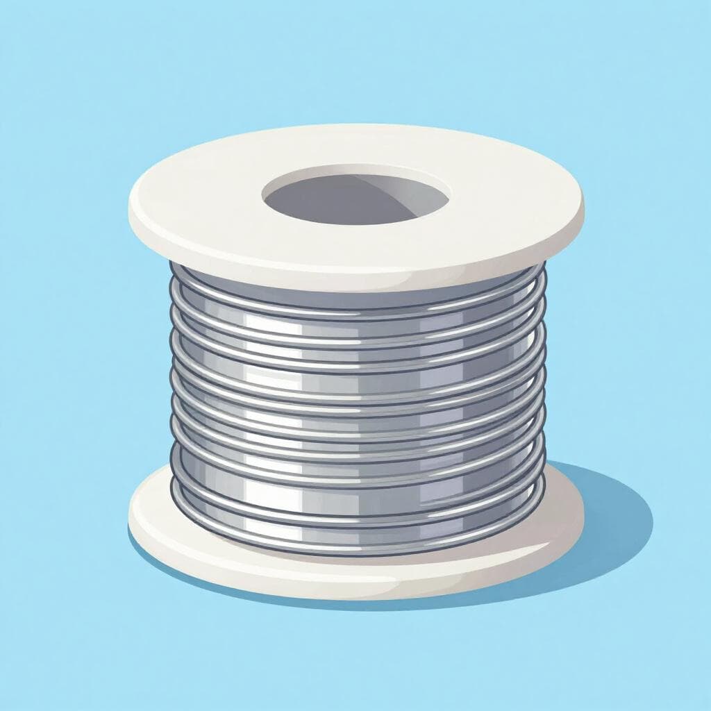 A single roll of shiny silver metal wire sitting on a plain surface.
