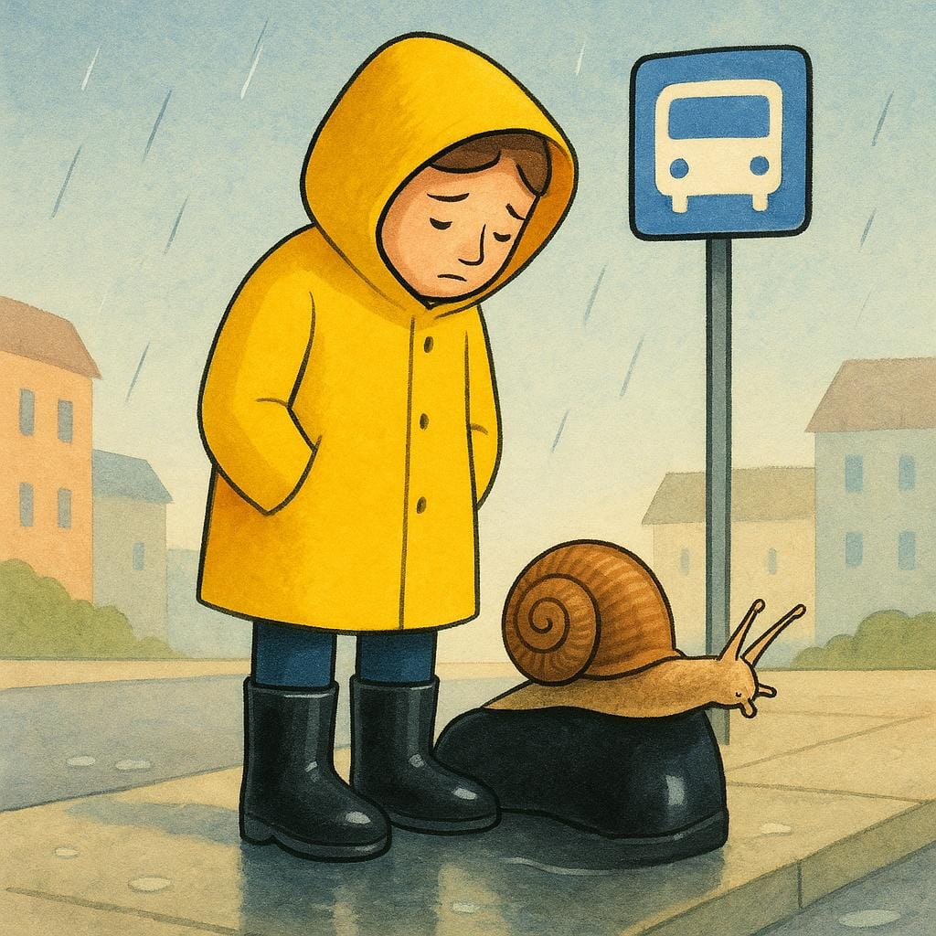 A person in a yellow raincoat waits forlornly at an empty bus stop while a large snail slowly crawls across their boot.