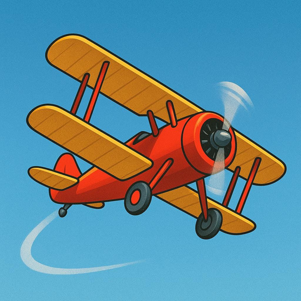 A stylized red and yellow biplane banking sharply to the left against a bright blue sky, illustrating a calculated strategic action.