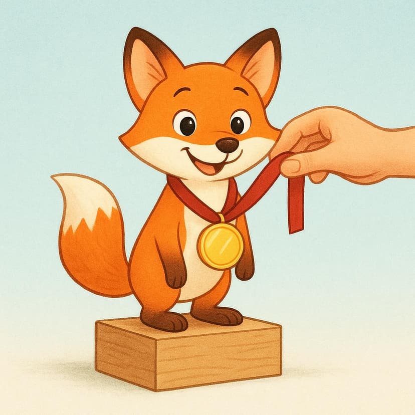 A smiling fox standing on a simple wooden podium. A hand is placing a shiny gold medal around the fox's neck, symbolizing recognition and merit.